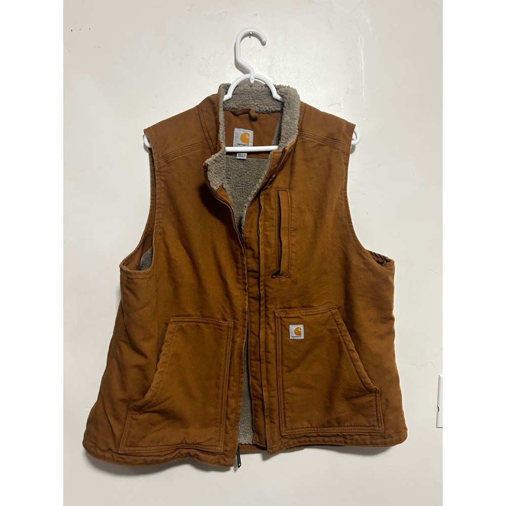 Carhartt Brown Sherpa Lined Mock Neck Cotton Duck Canvas Vest XL 16/18